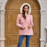 Ladies Hooded With Fur Collar Fleece Padded Coat